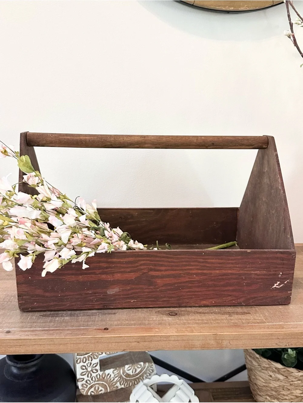 Large Wooden Toolbox Caddy Carpenter Primitive Style Crate Tote 16 x 10 x 10